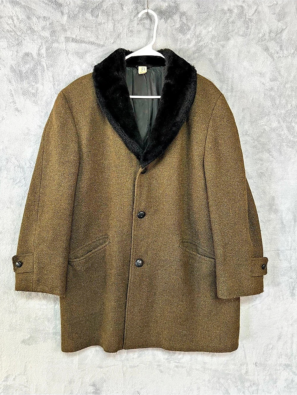 Vintage 50s 60s Felshire Men Large Tweed Overcoat Faux Fur Shawl Collar Brown L